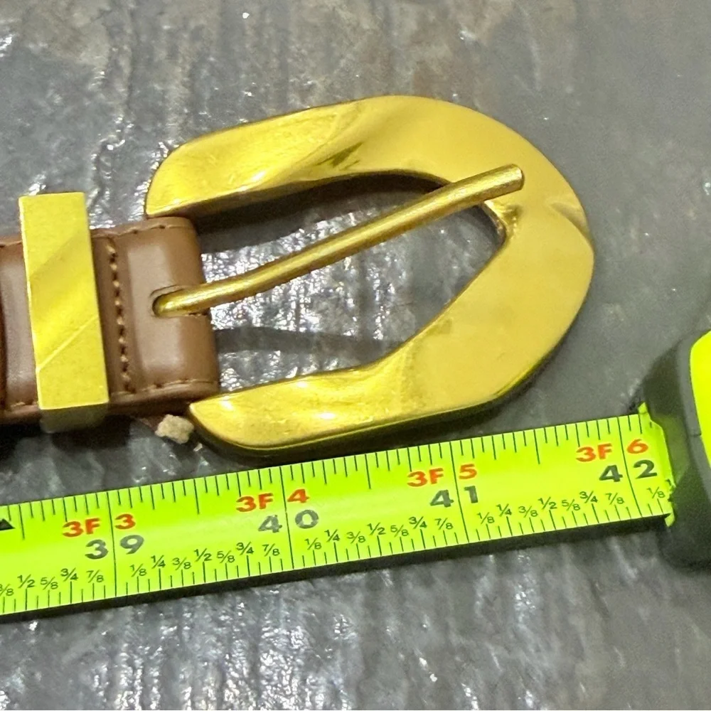 Tan Leather Belt with Oversized Gold Statement Buckle Classic Waist Belt